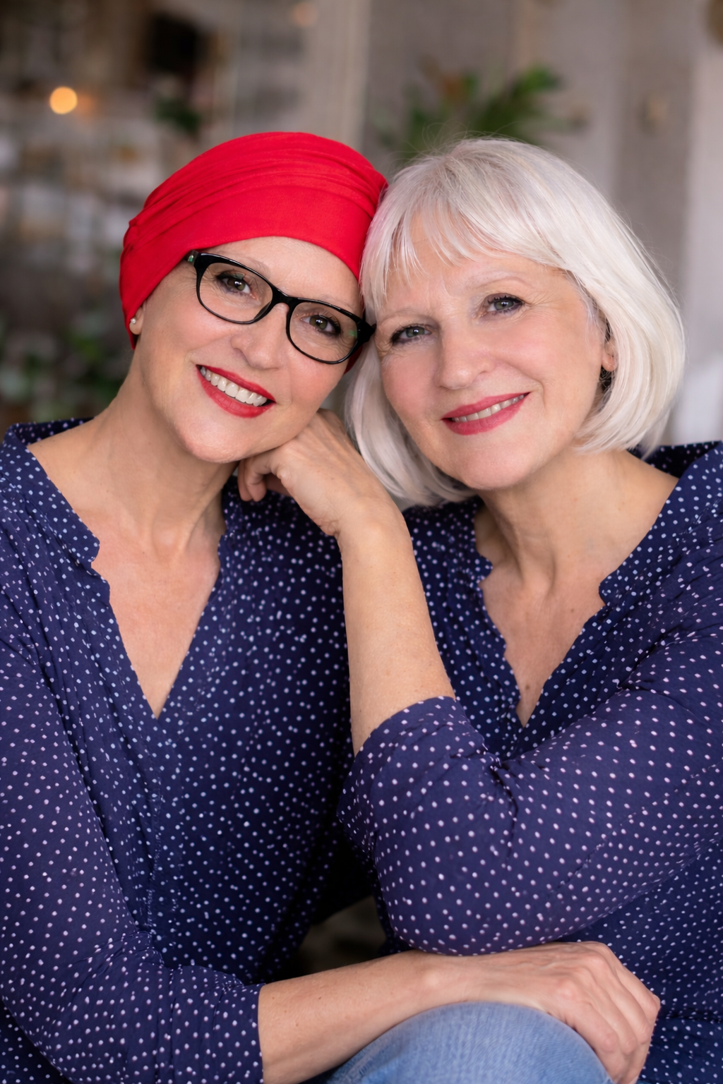 Rotes Chemo-Kopftuch für Damen bei Haarausfall durch Chemotherapie, moderne Kopfbedeckung als Alternative zur Perücke – persönliche Beratung auf Anmeldung.