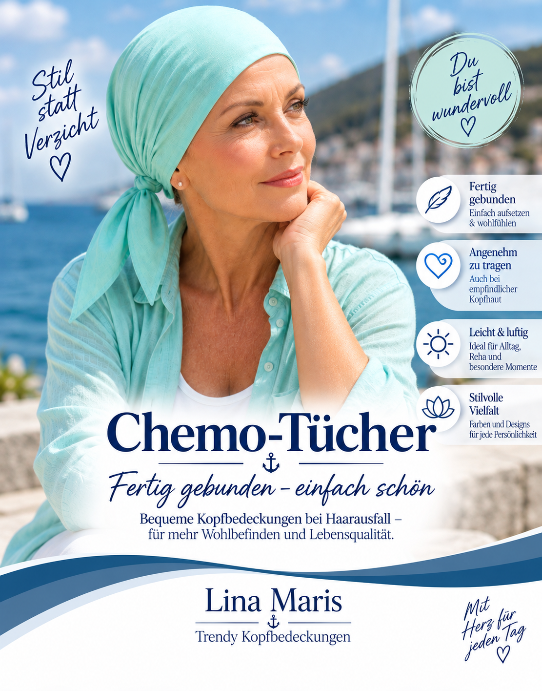 „Gebundenes Chemo-Tuch für Damen bei Haarausfall, weiches Material, komfortable Kopfbedeckung für Alltag und Therapie.“