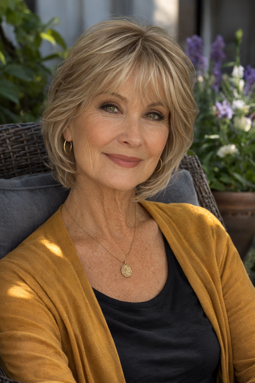 Frau mit blondem Perückenbob und dezentem Lippenstift, sanft lächelnd im Gartenstuhl