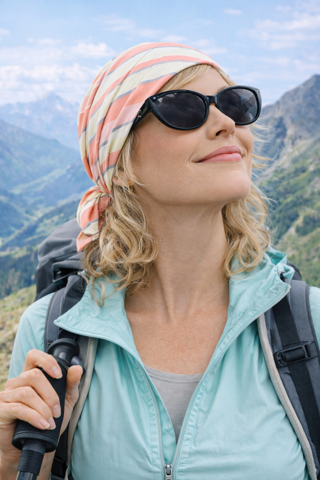 Junge Frau beim Wandern in den Bergen trägt ein gebundenes Bandana-Kopftuch mit Streifenmuster und blickt nach oben