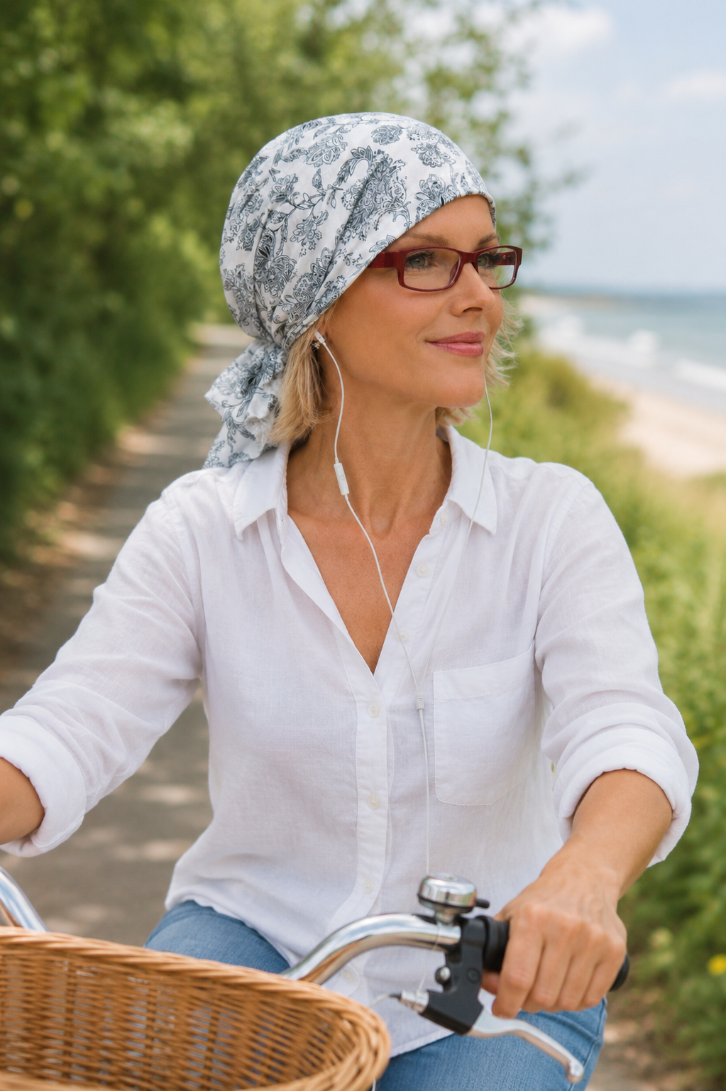 Frau auf dem Fahrrad mit bequemem Bandana-Kopftuch – praktischer Begleiter für Bewegung, Freizeit und empfindliche Kopfhaut.