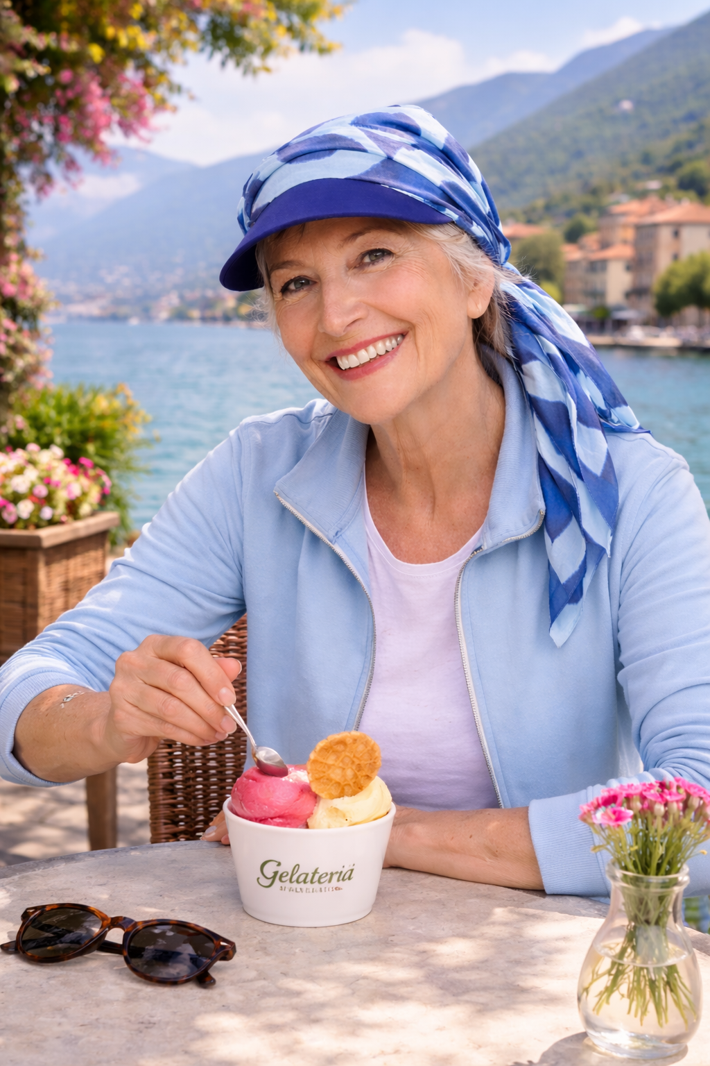 Lächelnde Frau sitzt in einem italienischen Eiscafé am See und trägt ein blaues Bandana-Kopftuch mit Schirm ohne Binden, während sie ein Eis genießt