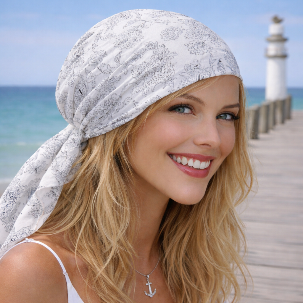 Frau mit weißem Bandana und Sonnenbrille steht am Steg am Meer