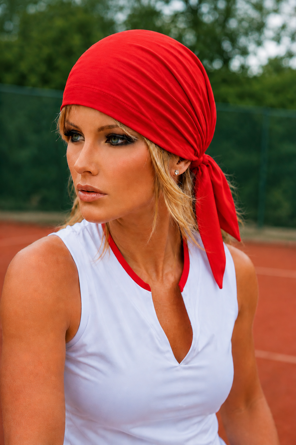 Damen mit rotem Bandana Kopftuch ohne Binden – bequemes, praktisches und stilvolles Kopftuch für Sport und Alltag