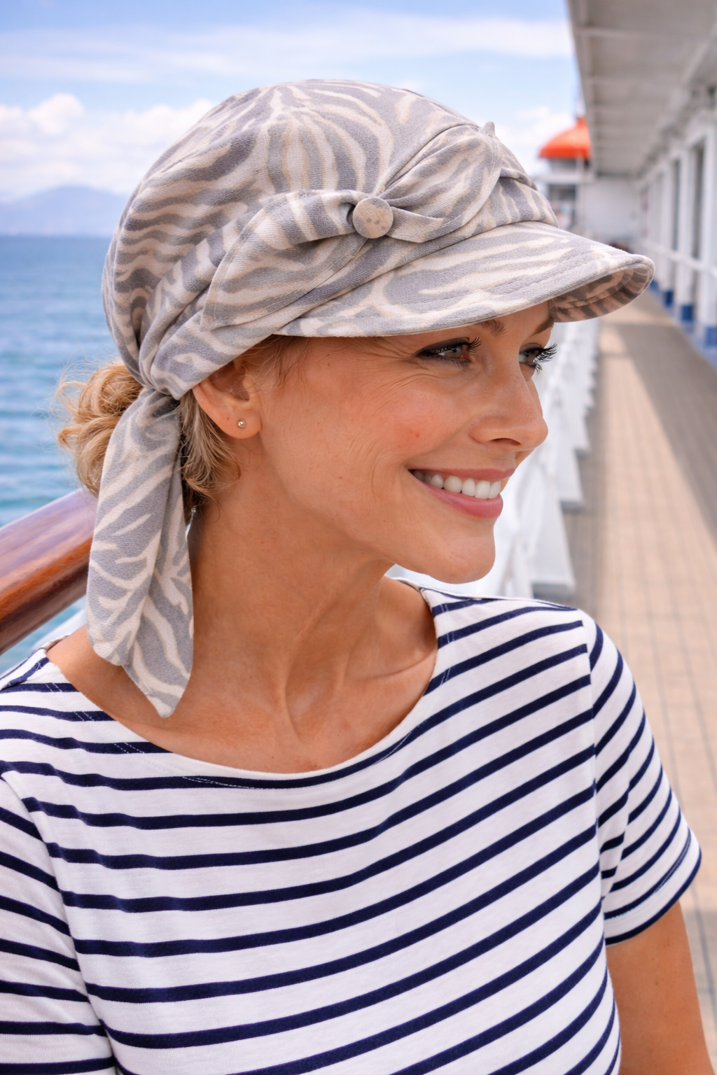 Frau trägt eine Schirmkappe auf einer Kreuzfahrt