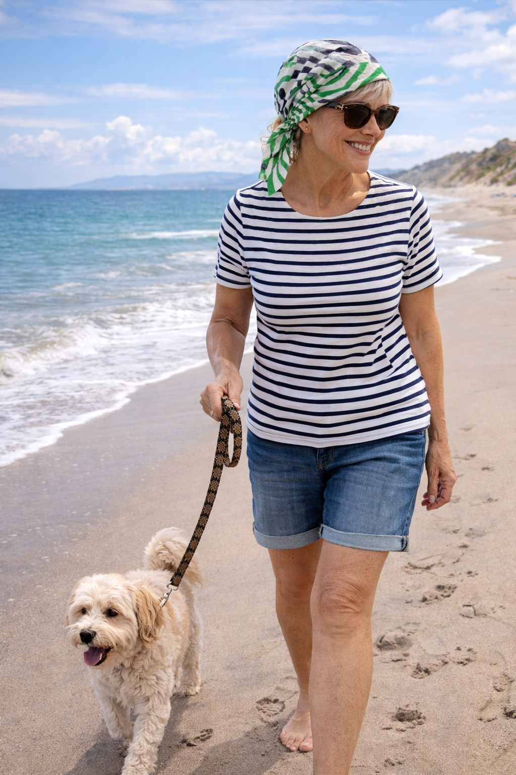 Person trägt ein Kopftuch am Meer geht mit Hund