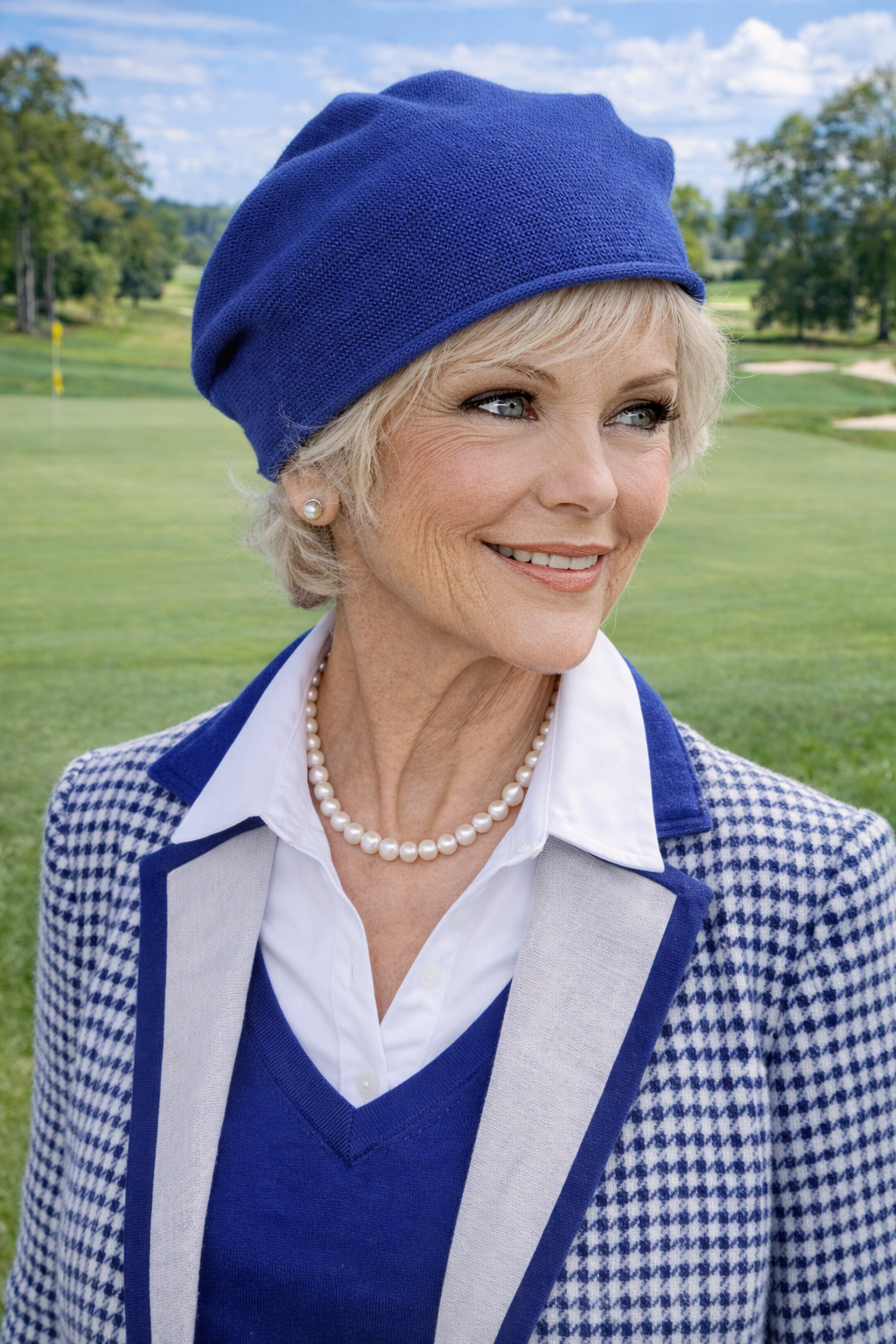 Frau mit Baumwollmütze beim Golf auf einem sonnigen Platz
