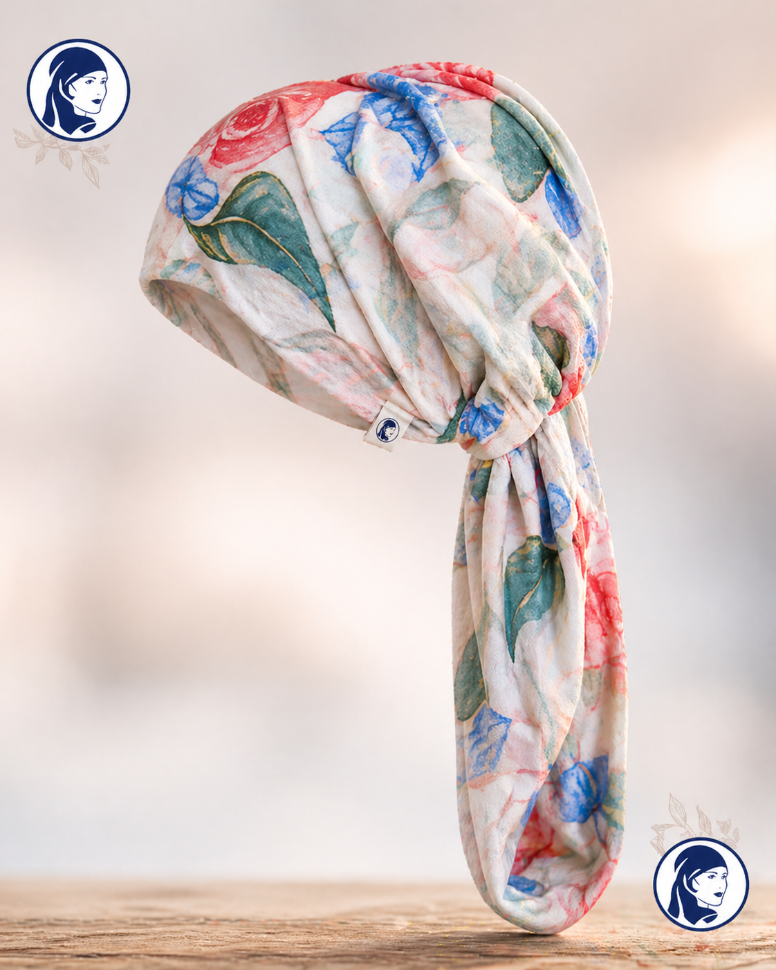 Turban Kopftuch für Damen mit Band, einteilig ohne Binden, Blumenmuster