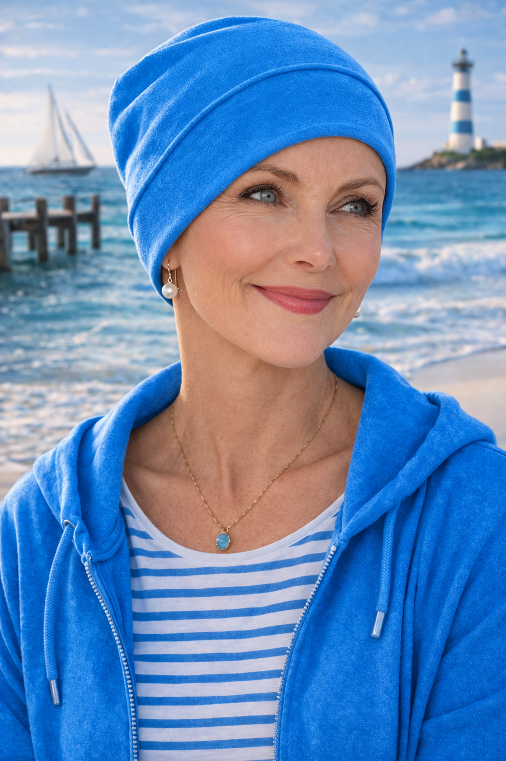 Dame trägt eine leichte azurblaue Chemomütze Turbanmütze im maritimen Sommerstil am Strand – angenehm bei Haarausfall während Chemo, Reha oder Klinikaufenthalt.