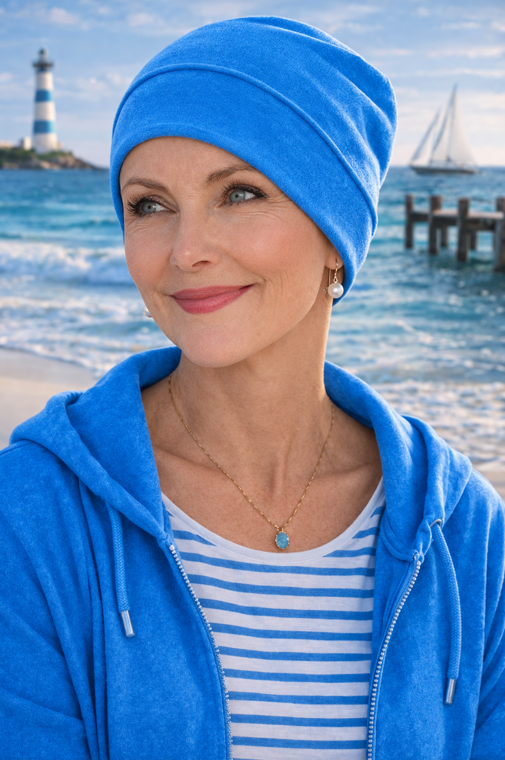 Dame trägt eine leichte azurblaue Sommermütze Chemomütze Turbanmütze im maritimen Sommerstil am Strand – angenehm bei Haarausfall während Chemo, Reha oder Klinikaufenthalt.