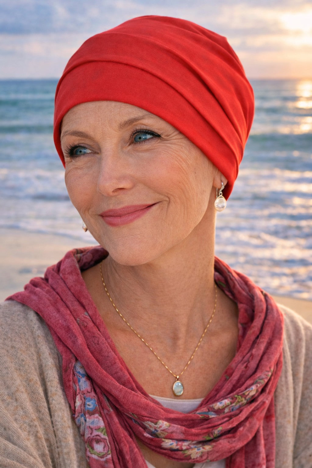 rote leichte Chemomütze für Damen im Sommer am Strand mit Strickjacke