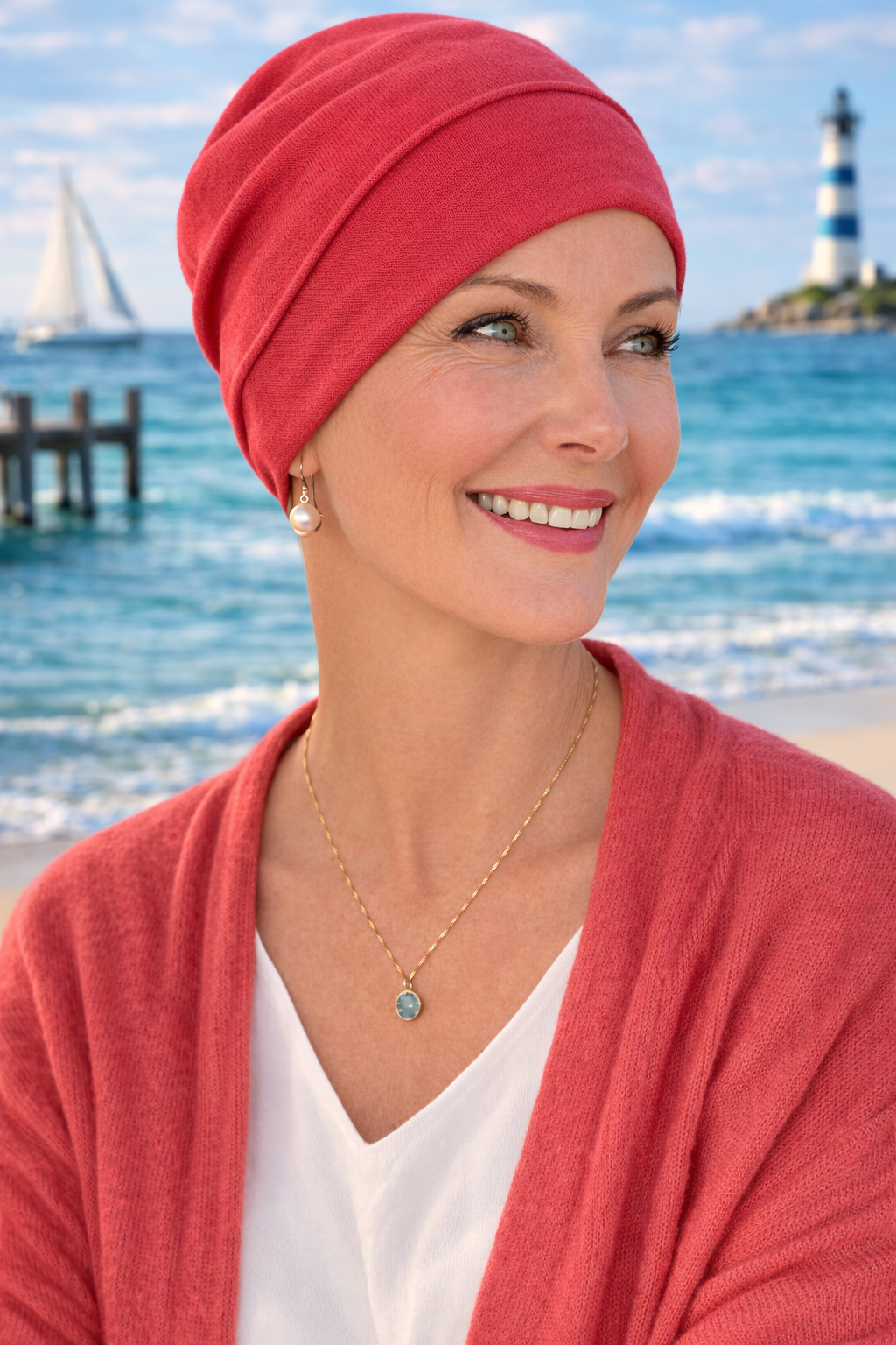 Frau trägt rote Chemomütze Turbanmütze am Strand – weiche Kopfbedeckung für Chemo oder Haarausfall