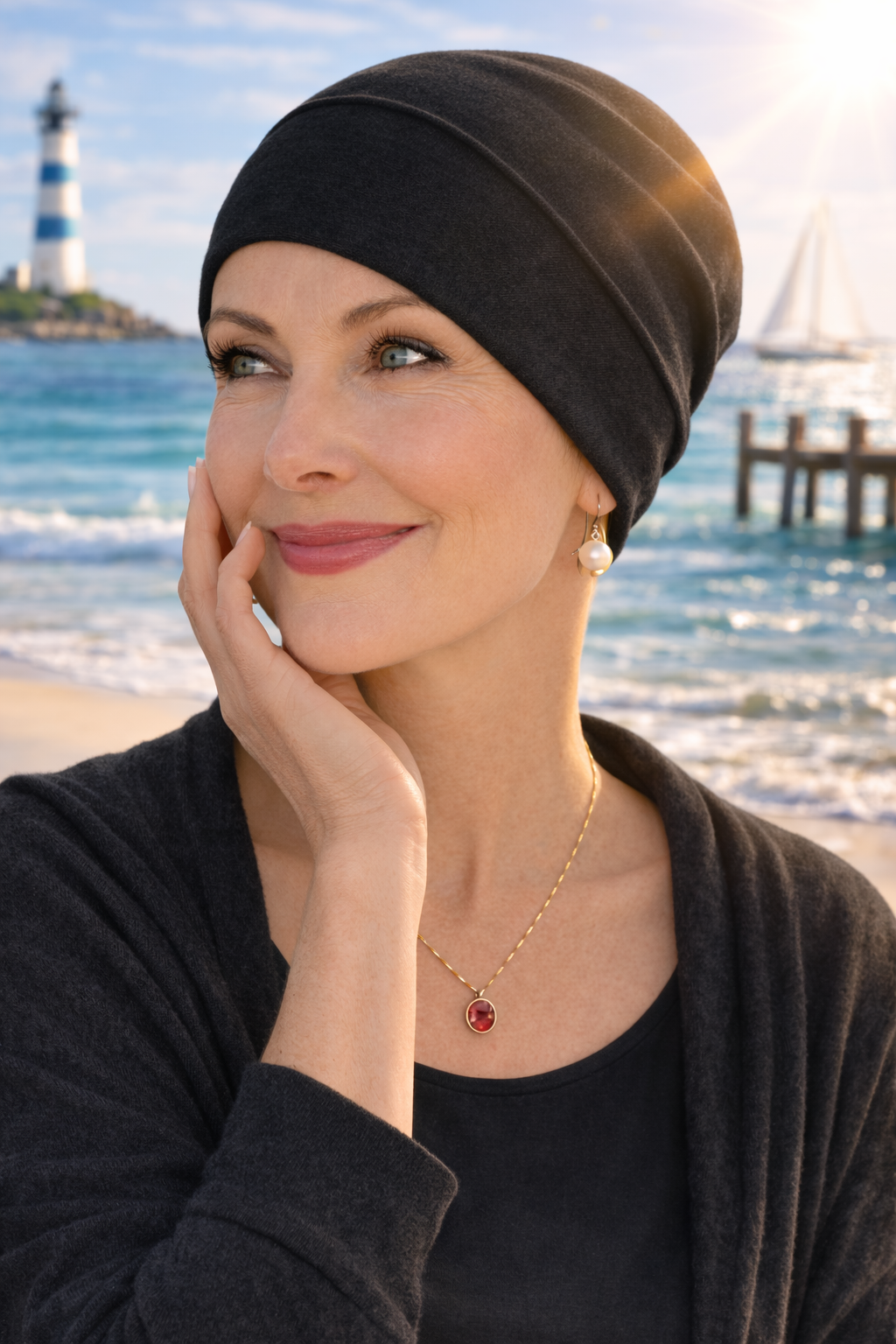 Schwarze Chemomütze Damen Sommer leichte Beanie Kopfbedeckung nach Chemo