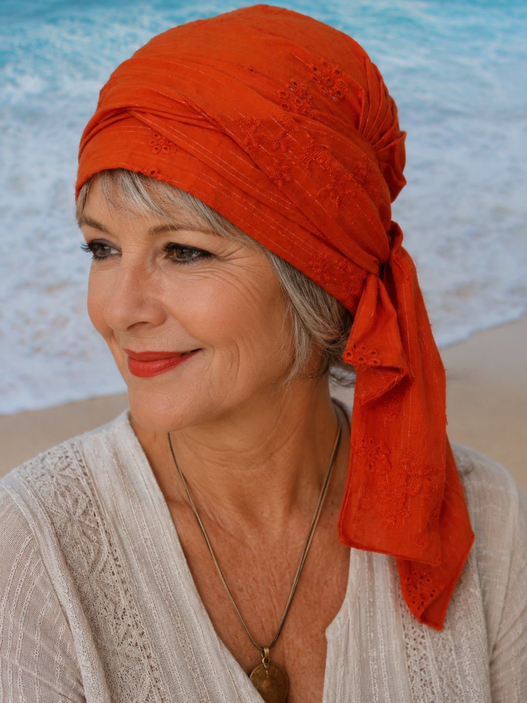 Ältere lächelnde Frau mit kurzem grauem Haar trägt ein orangefarbenes Bandana-Chemotuch am Strand. Bequeme und stilvolle Kopfbedeckung für Damen bei Haarausfall oder Chemo.