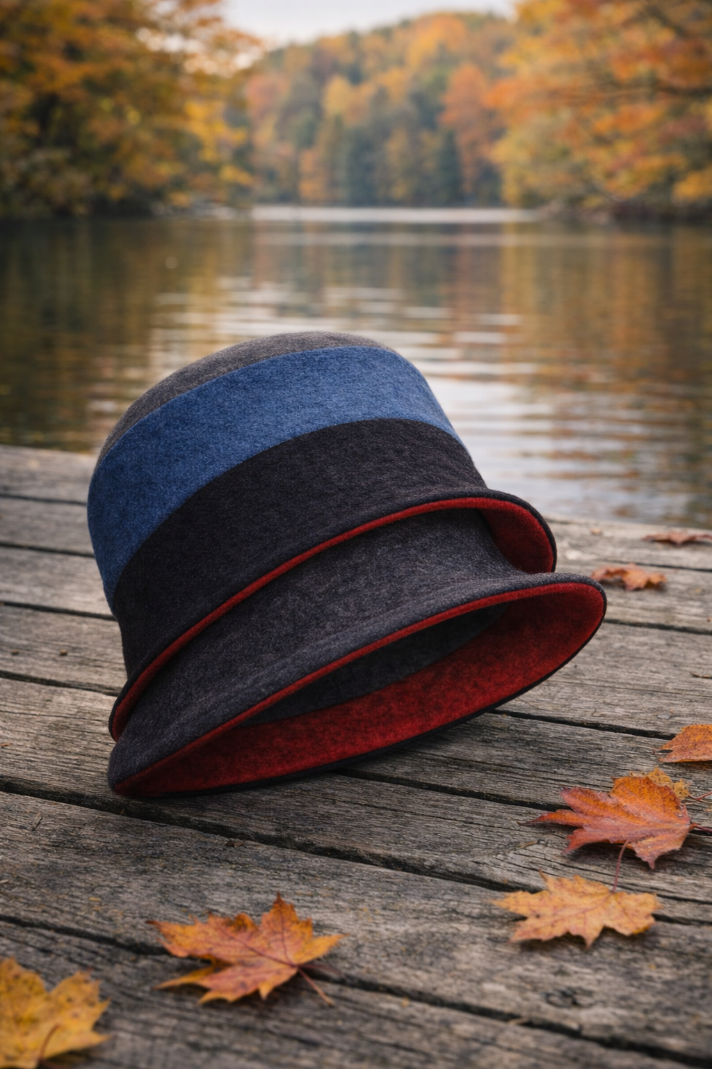 Damenhut auf Holzsteg am See mit Herbstlaub