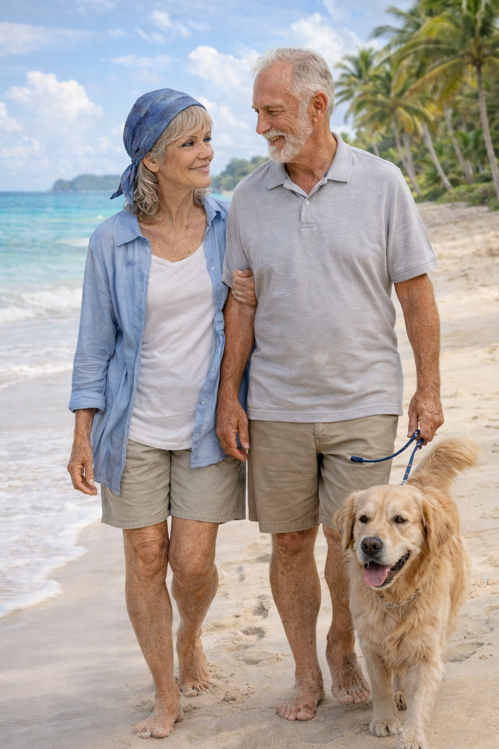 Dame mit Kopftuch geht mit Mann und Hund am Strand spazieren, stilvoll und bequem