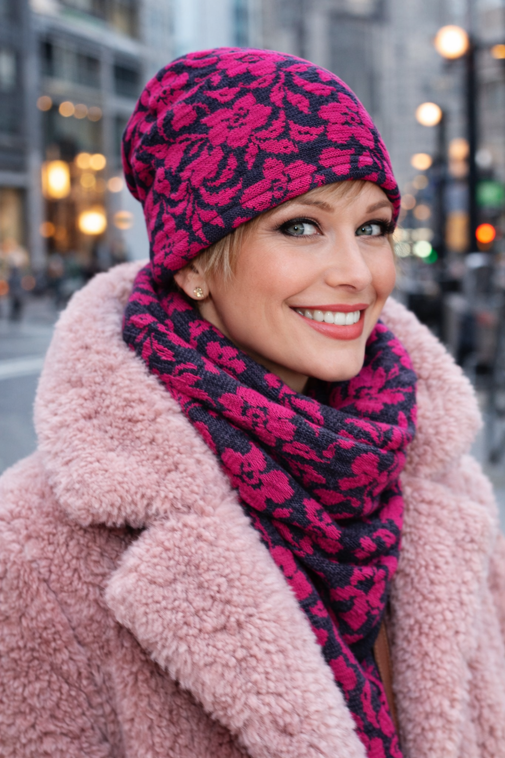 Damen Beanie in Pink-Grau mit Blumenmuster, kombiniert mit Schal und kuscheligem Mantel, moderner Winter-Lifestyle-Look