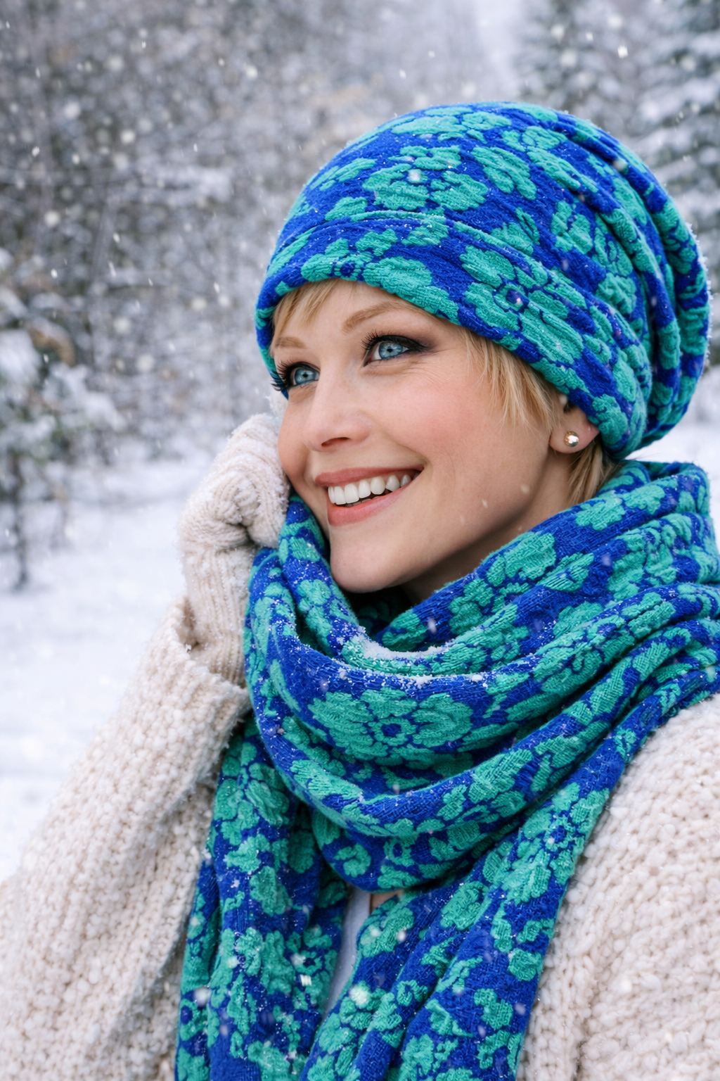 Damen Beanie Turbanmütze in Grün mit Blumenmuster, kombiniert mit Schal und dickem Pullover im Schee