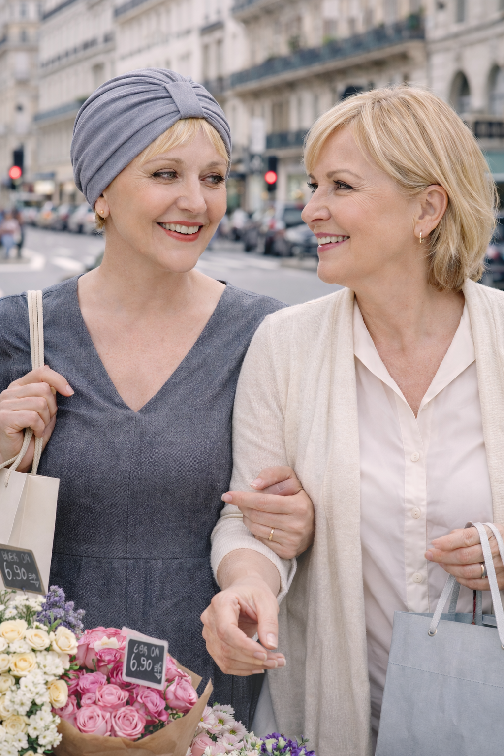 Frau trägt einen grauen Turban beim Stadtbummel