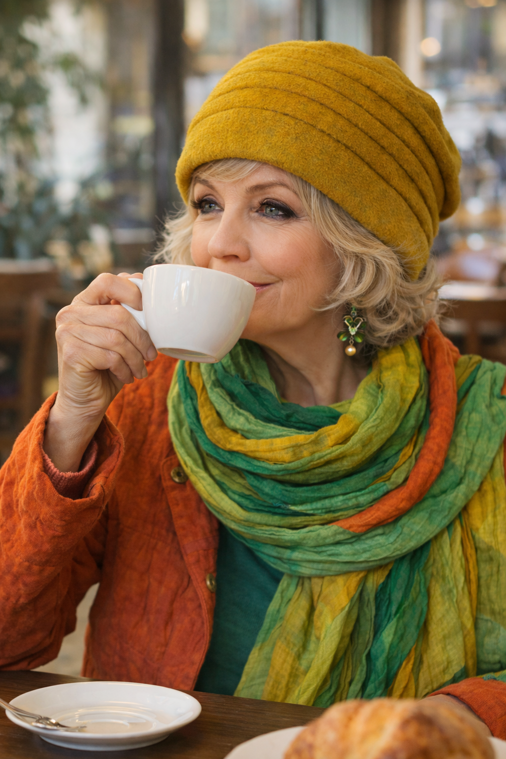 Ältere Frau mit Mütze und buntem Outfit in einem Cafe