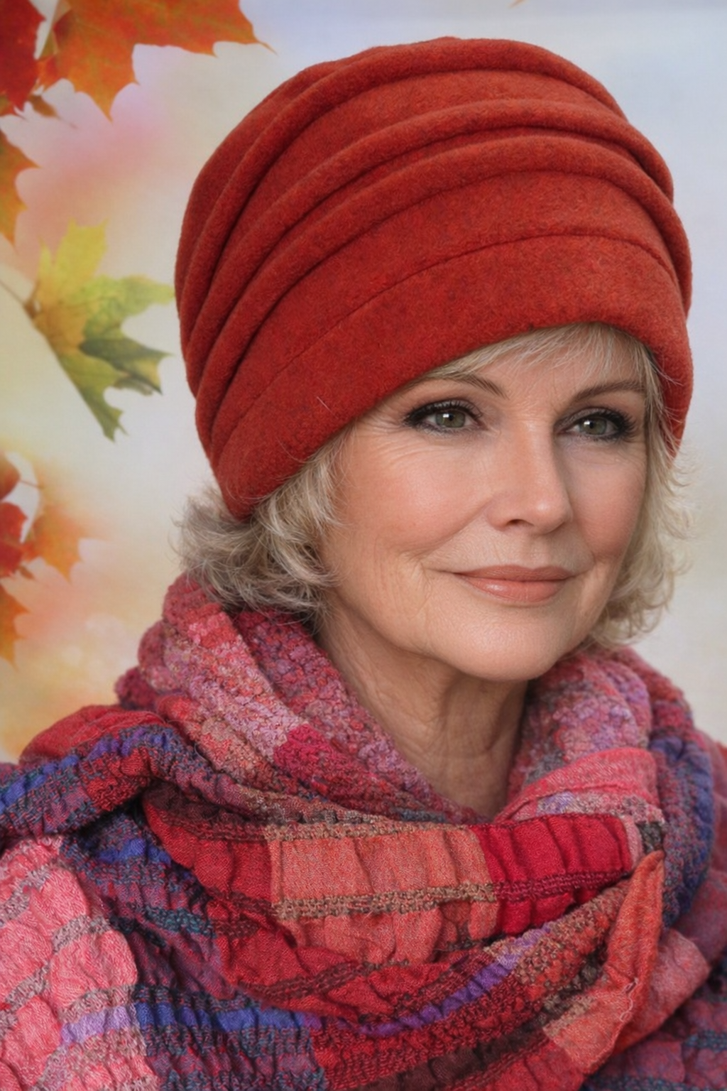 Ältere Frau mit kurzen graublonden Haaren trägt eine rote Damen Wintermütze und einen warmen Schal im herbstlichen Look