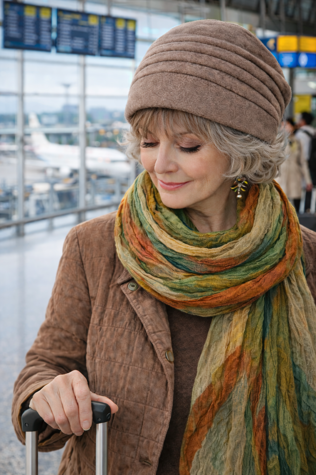 Frau mit Pony trägt eine taupefarbene Mütze und Schal in einer Altstadt im Herbst