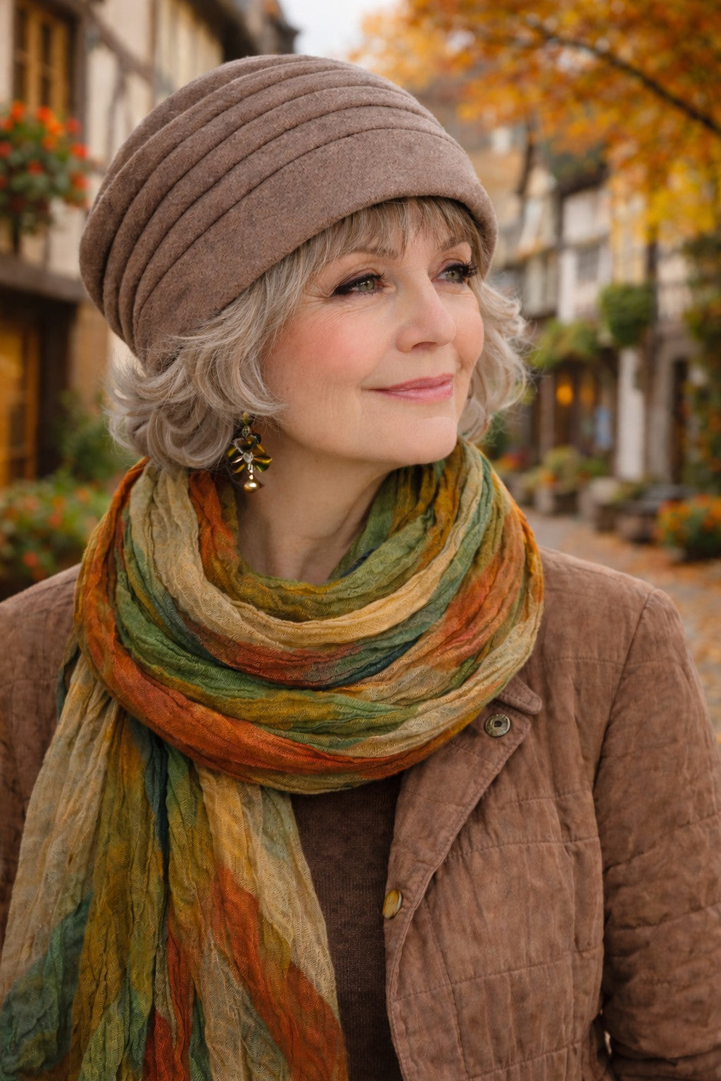 Ältere Frau mit Wintermütze und Schal in herbstlicher Stadt