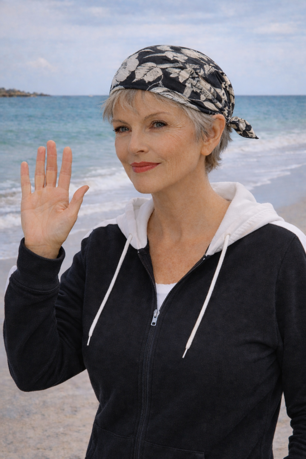 Frau im Jogginganzug winkt am Strand und trägt ein Bandana ohne Binden