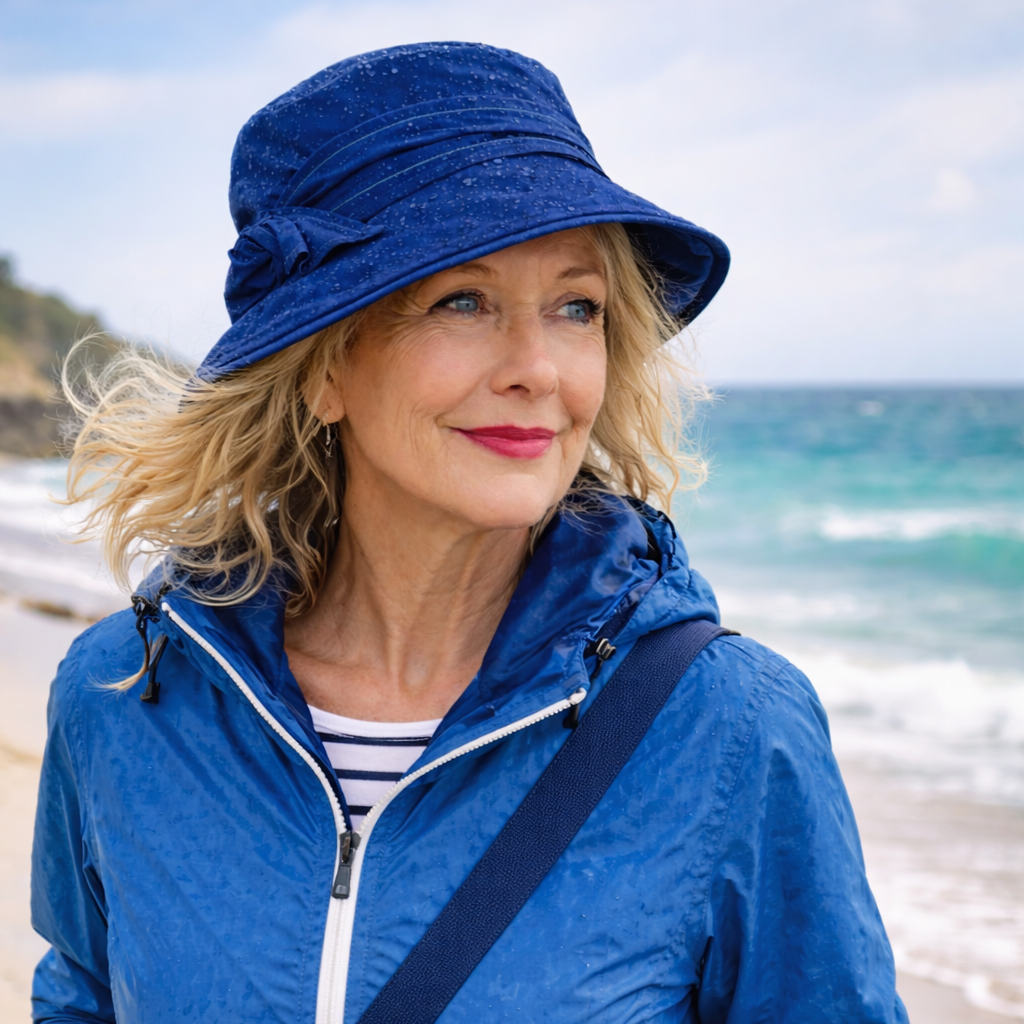 Frau in marineblauer Regenjacke und Regenhut läuft am Strand entlang, das Meer im Hintergrund