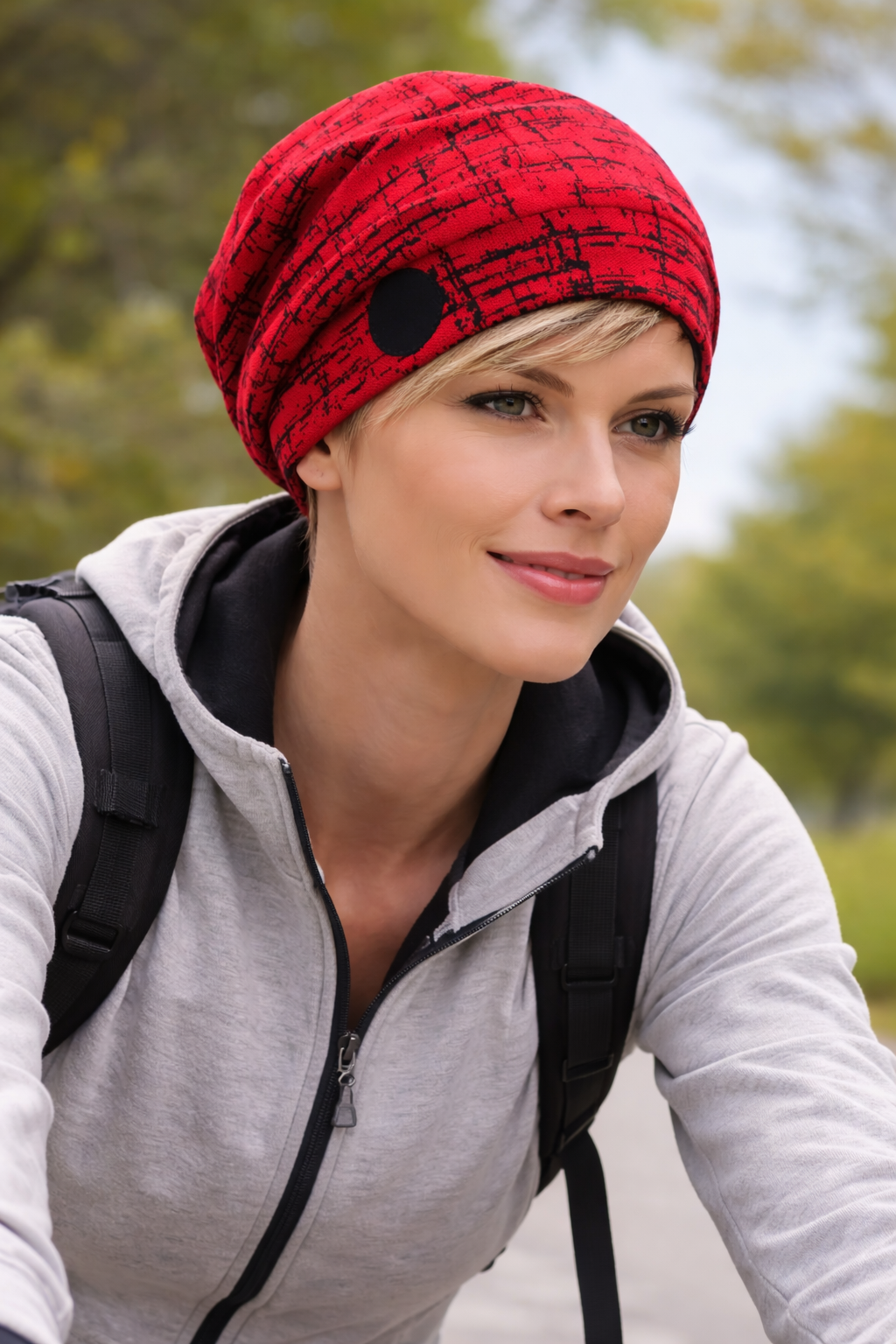 Frau mit Turbanmütze sitzt auf einer Schaukel im Freien