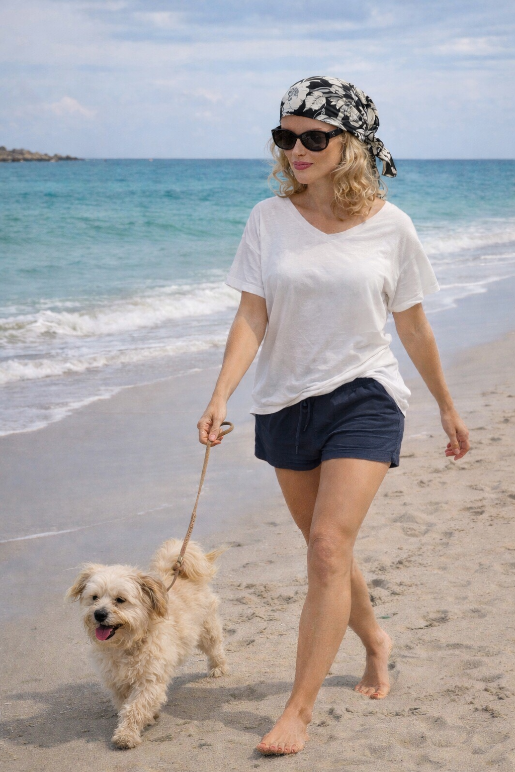 Frau spaziert barfuß am Strand mit Hund und trägt ein Bandana ohne Binden