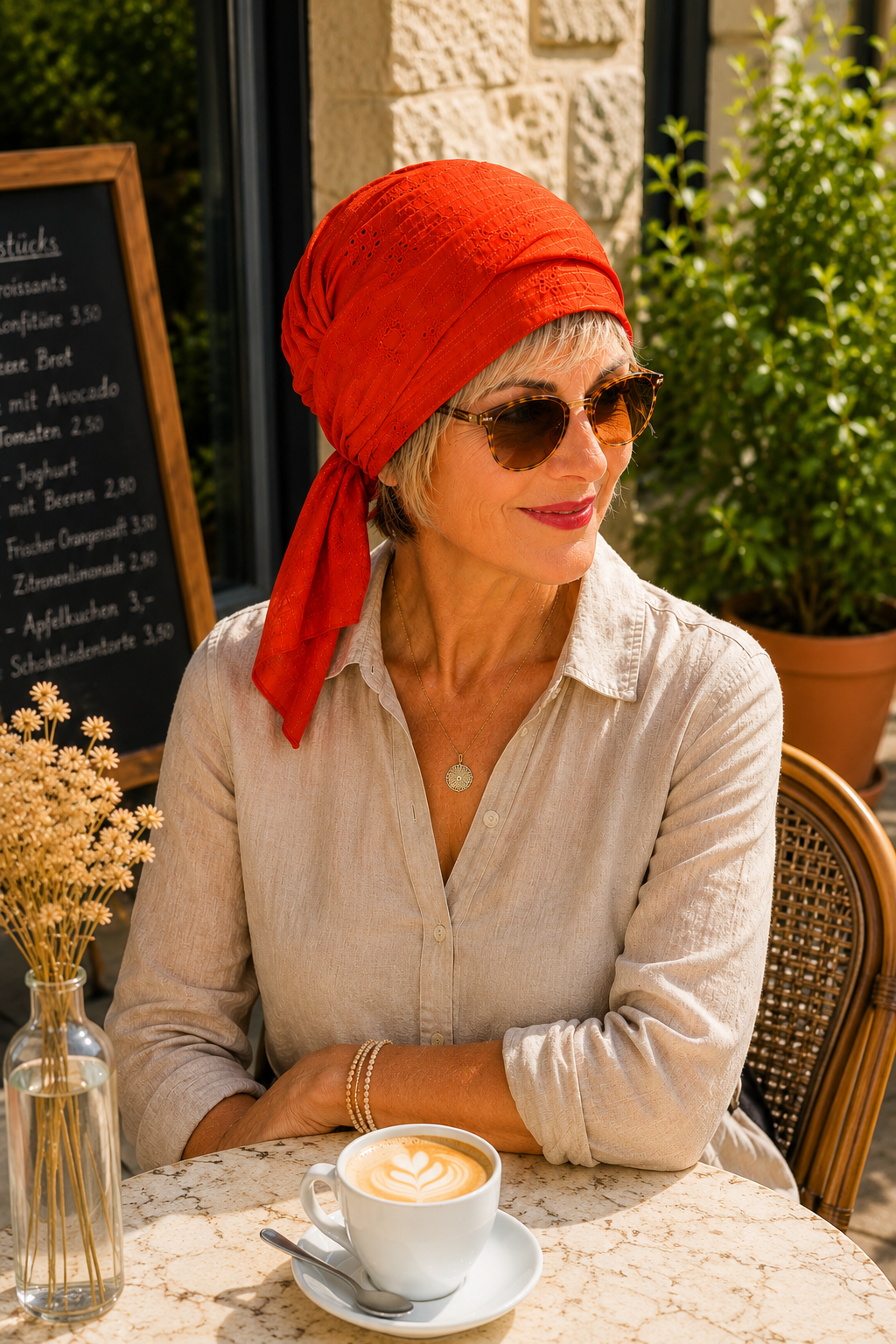 Dame mit terrakottafarbenem Kopftuch und schmalen Bindebändern sitzt mit Sonnenbrille im Café. Leichtes Sommertuch als stilvoller Sonnenschutz für Urlaub