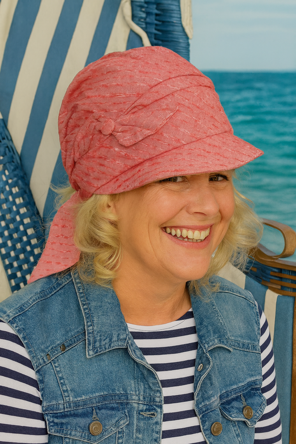 Frau fertig gebundenes Kopftuch ohne Binden an Strandbar