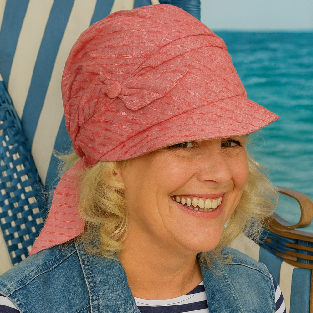 Frau fertig gebundenes Kopftuch ohne Binden an Strandbar