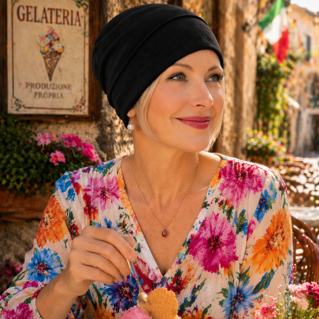 Leichte Baumwoll Sommermütze Damen schwarz Beanie Turban luftige Kopfbedeckung Sommer Italien Gelateria