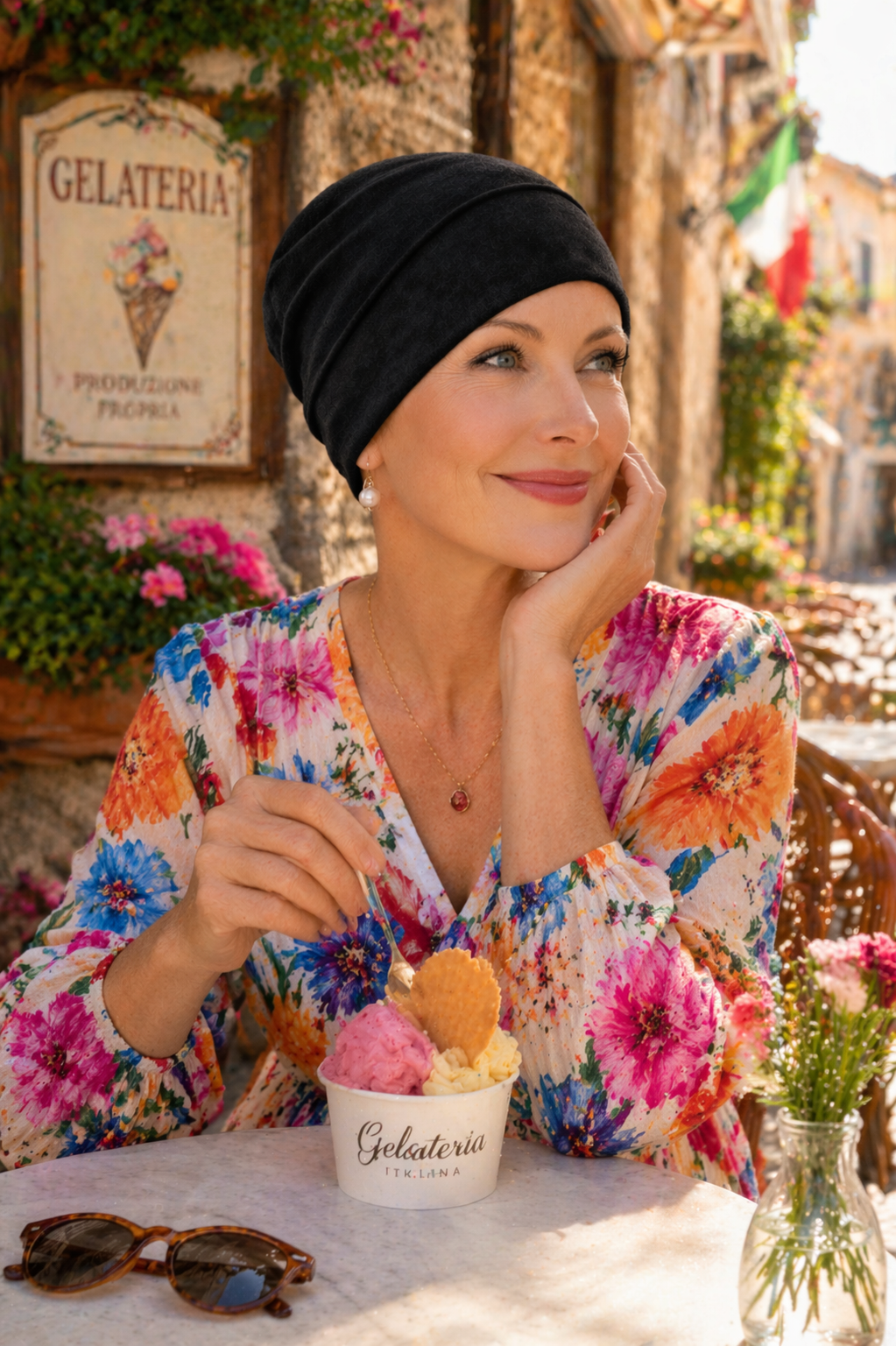Leichte Baumwollmütze Damen schwarz Chemo Beanie Turban sommerlicher Gelateria Look Italien