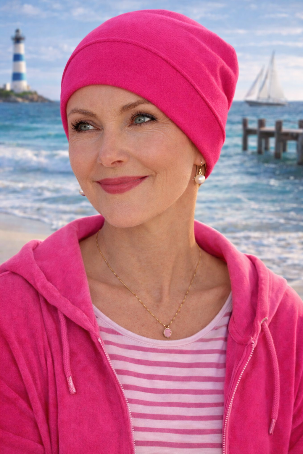 Frau am Strand mit pinker Baumwoll-Sommermütze und passender Jacke, maritimer Hintergrund mit Meer und Leuchtturm