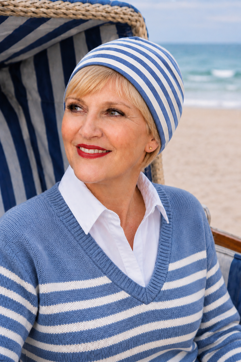Dame mit maritimer blau-weiß gestreifter Baumwollmütze am Strand mit passendem gestreiftem Pullover und Meer im Hintergrund