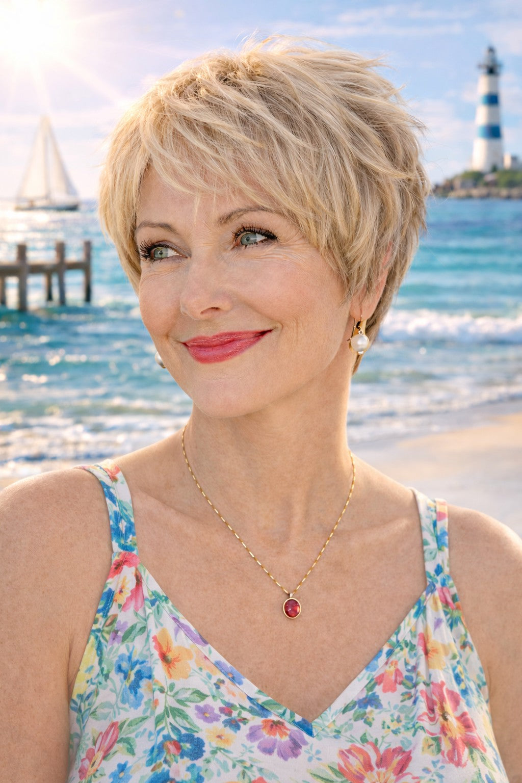 Frau mit blonder Perücke Fresh von Gisela Mayer trägt Sommerkleid am Strand und lächelt in die Sonne