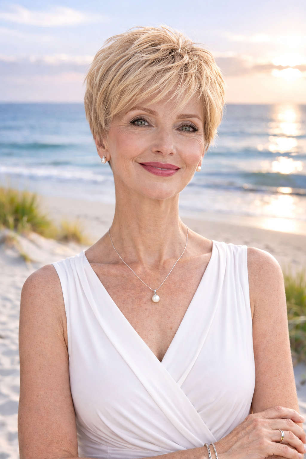 Elegante ältere Frau mit kurzem blondem Haar als natürliche Alternative zur Perücke am Strand