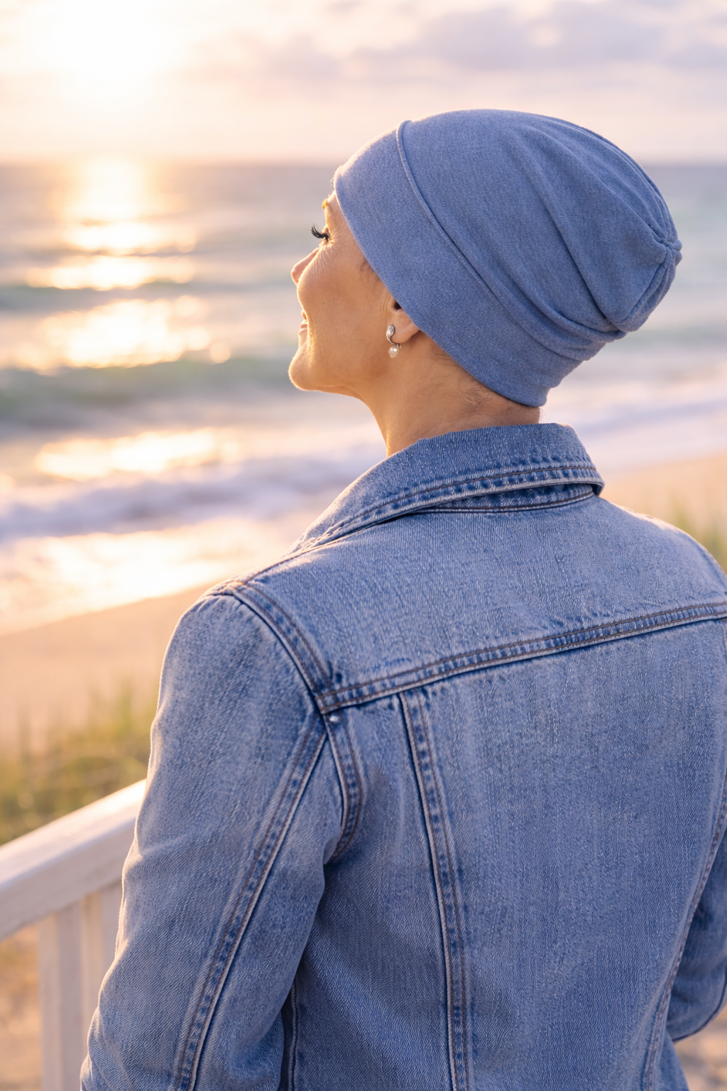 Frau mit taubenblauer Turbanmütze Chemomütze blickt aufs Meer bei Sonnenuntergang