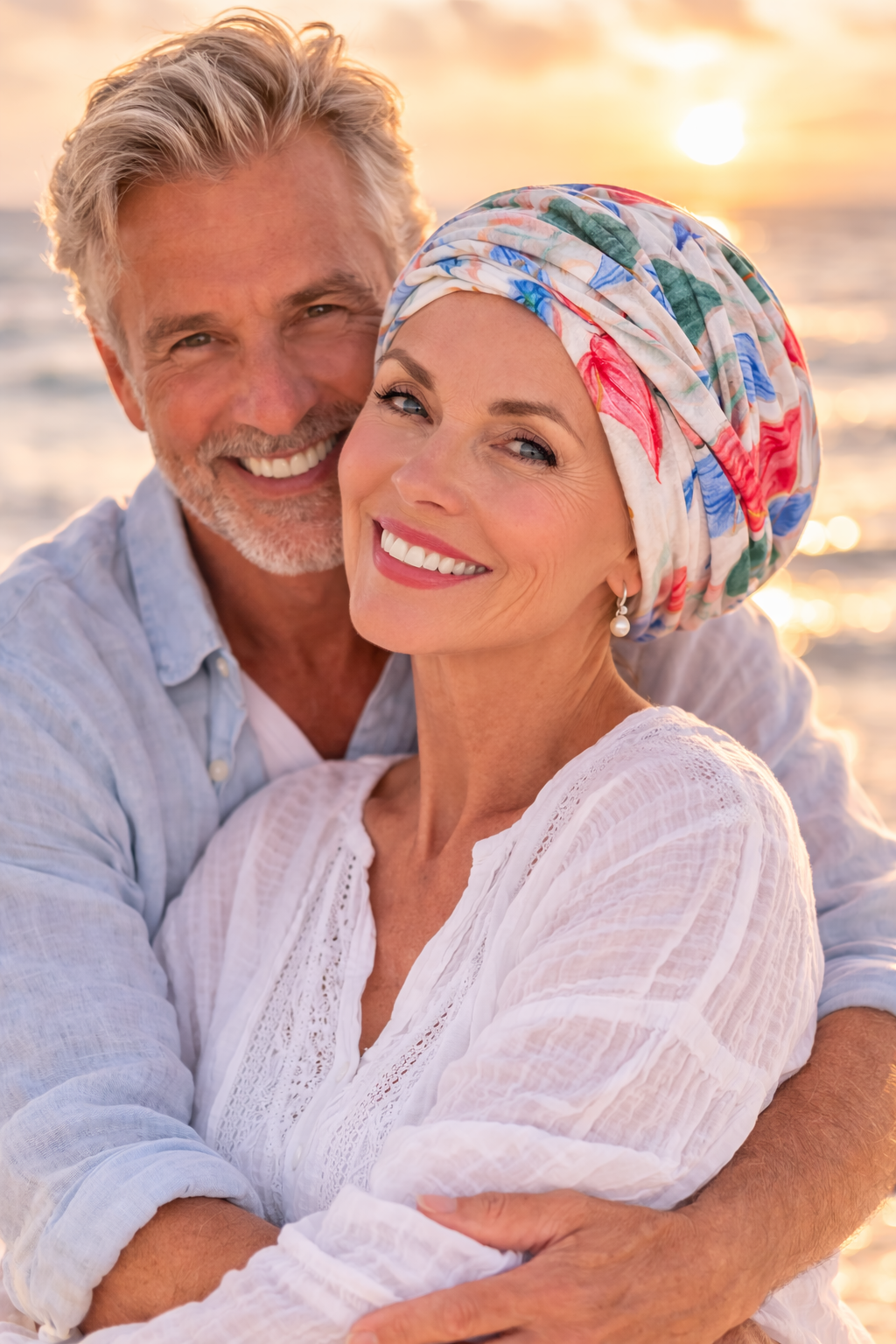 Lächelnde Frau mit Turbanmütze nach Chemotherapie wird am Strand von ihrem Partner liebevoll umarmt