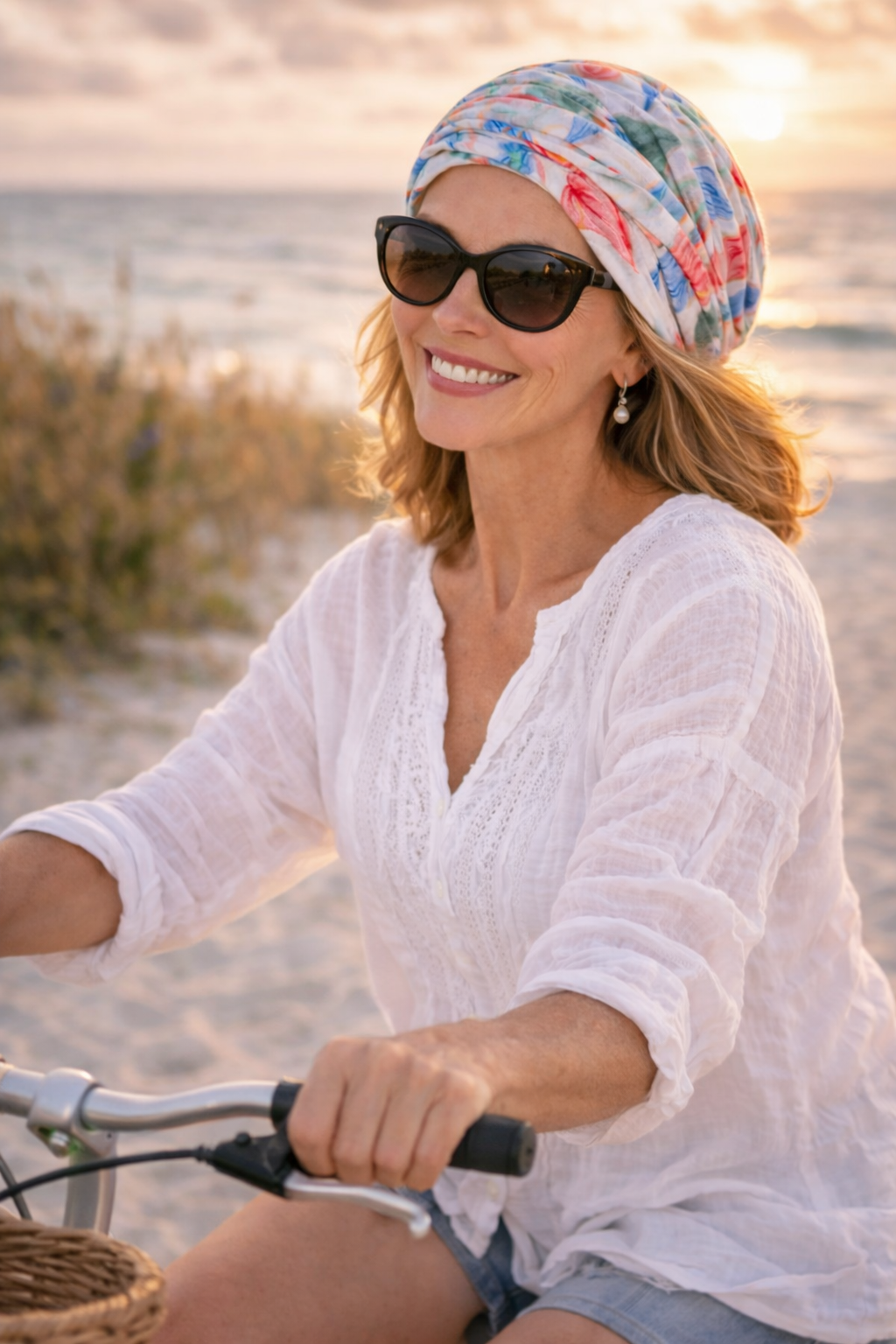 Frau mit Sommermütze und Sonnenbrille am Strand unterwegs