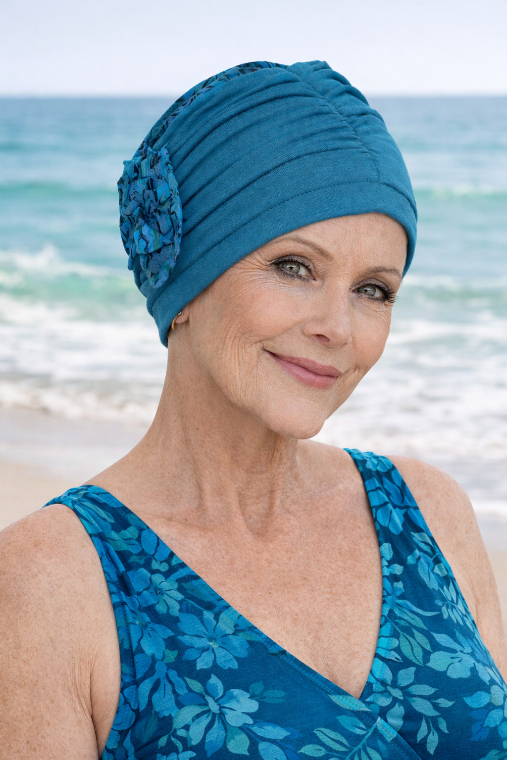 Frau am Strand mit türkisfarbener Turbanmütze und passendem Badeanzug