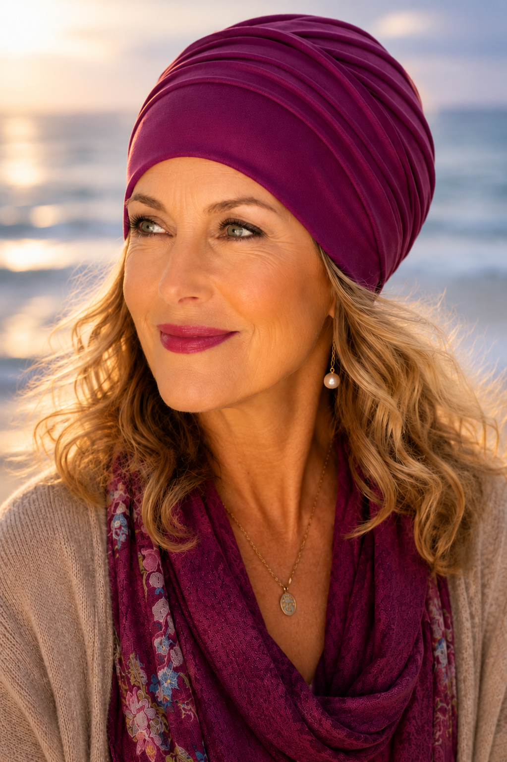 Dame mit beerefarbener Sommermütze im Turban-Look am Meer bei warmem Sonnenlicht