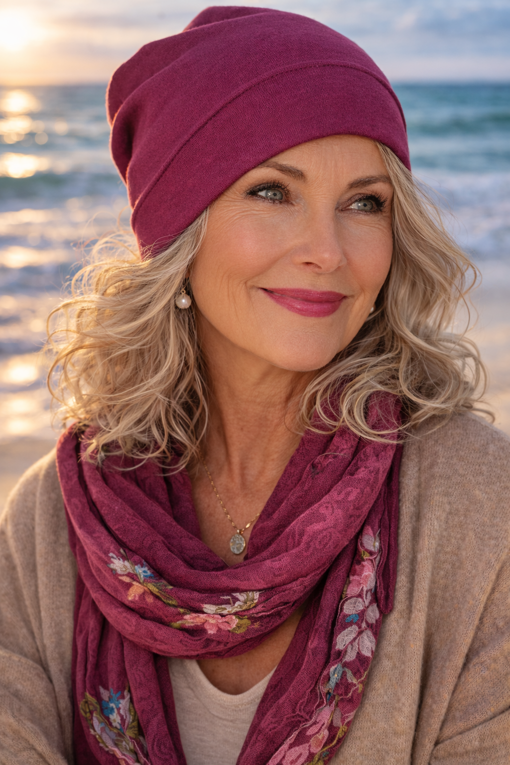 Junge Frau mit Sommermütze Turbanmütze schaut lächelnd aufs Meer bei Sonnenuntergang