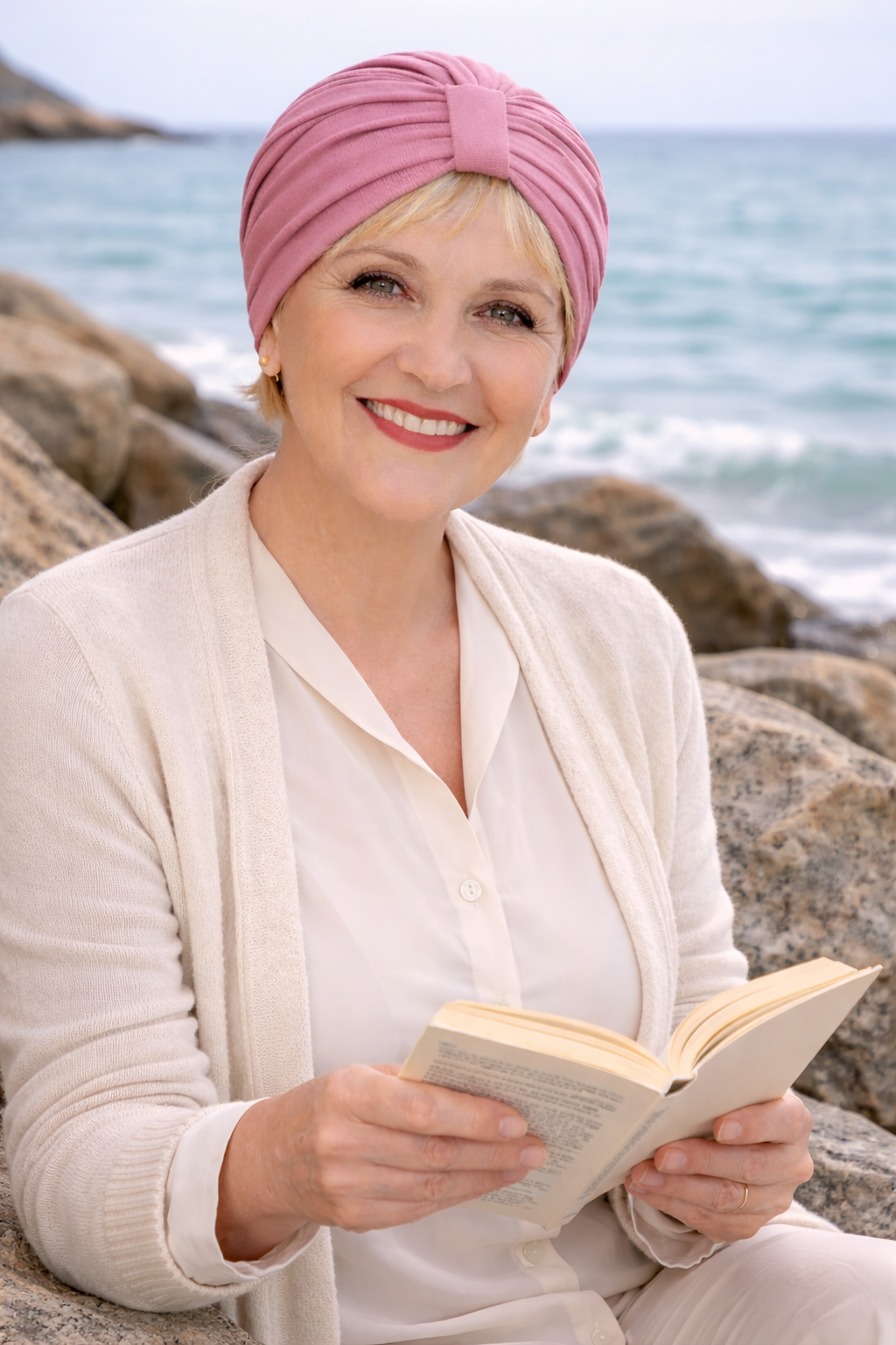 Frau mit Turban sitzt an der Küste in maritimer Umgebung.