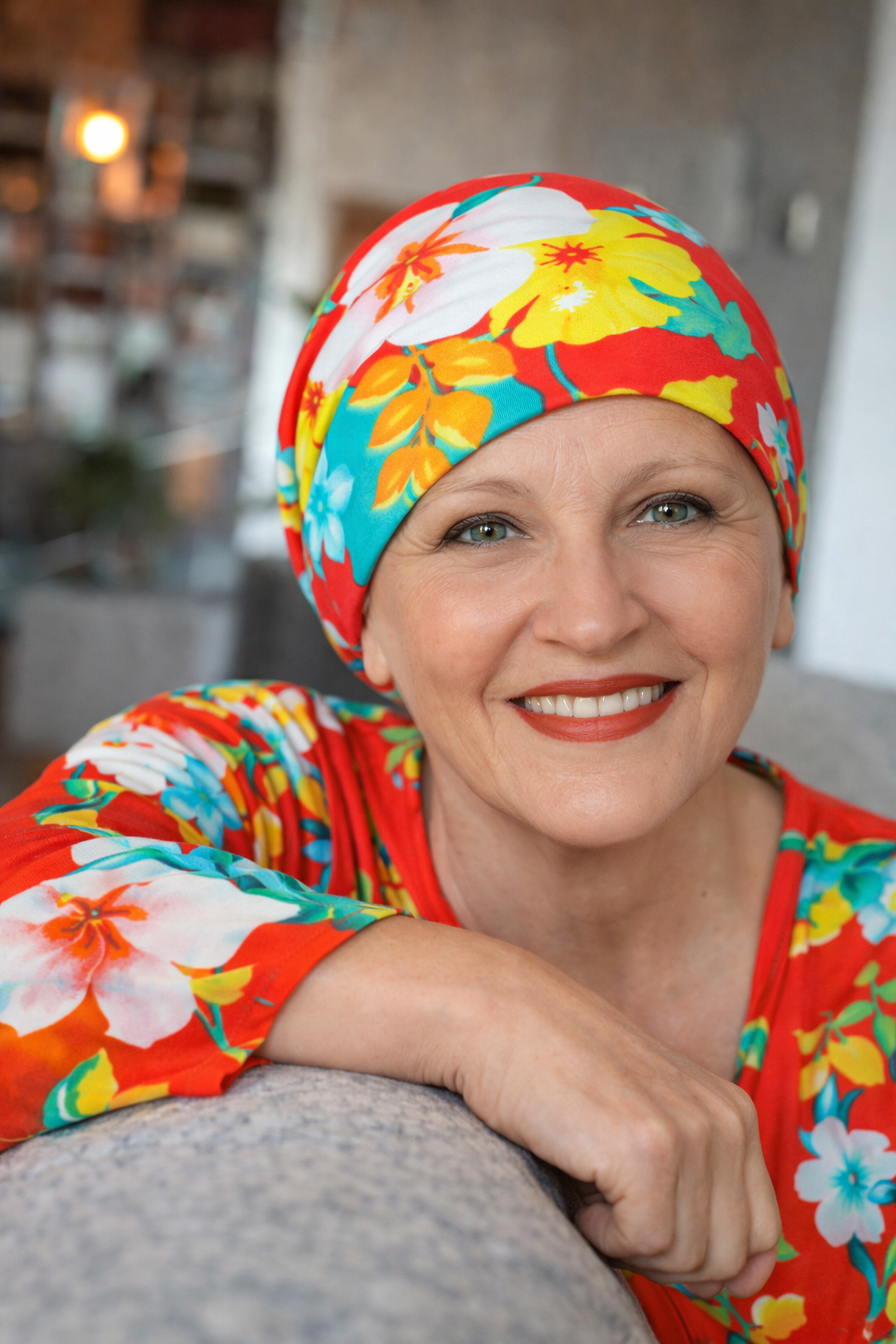 Person trägt einen gemusterten Turban am Strand