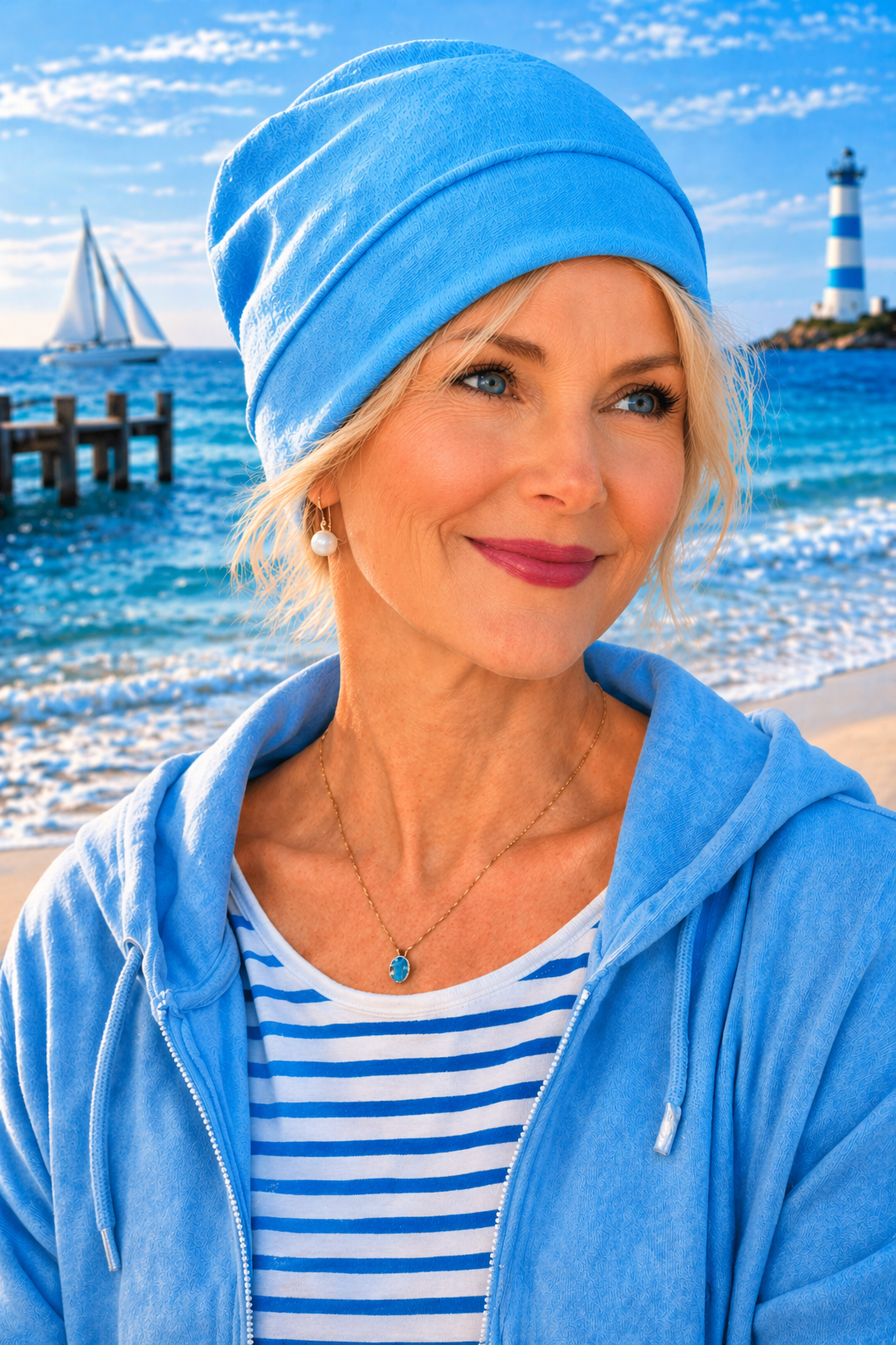 Dame trägt eine leichte azurblaue Sommermütze Turbanmütze im maritimen Sommerstil am Strand – angenehm leicht.