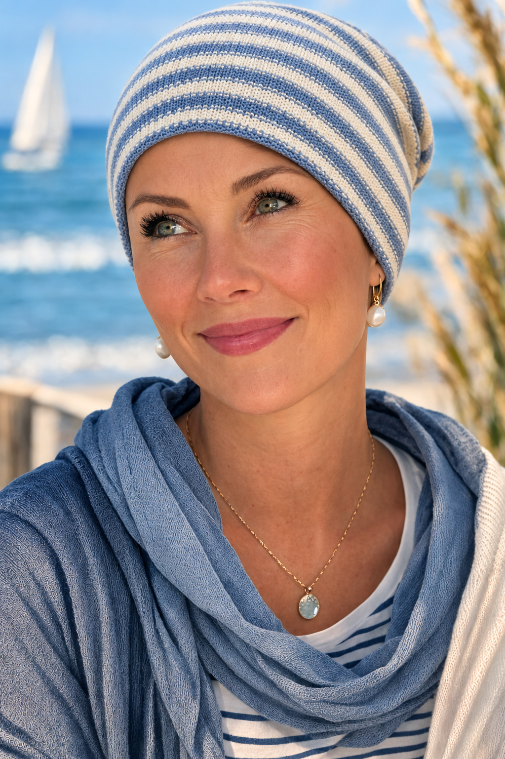 Frau trägt eine maritime Chemo Baumwoll  Mütze im maritimen Stil am Strand – leichte atmungsaktive Damen Sommerbeanie aus Bio Baumwolle.